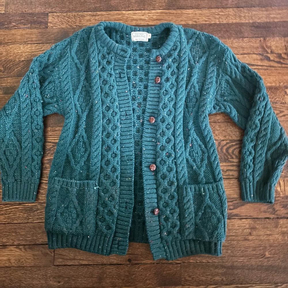 Large knit M oversized vintage grandma sweater cardigan green crochet design